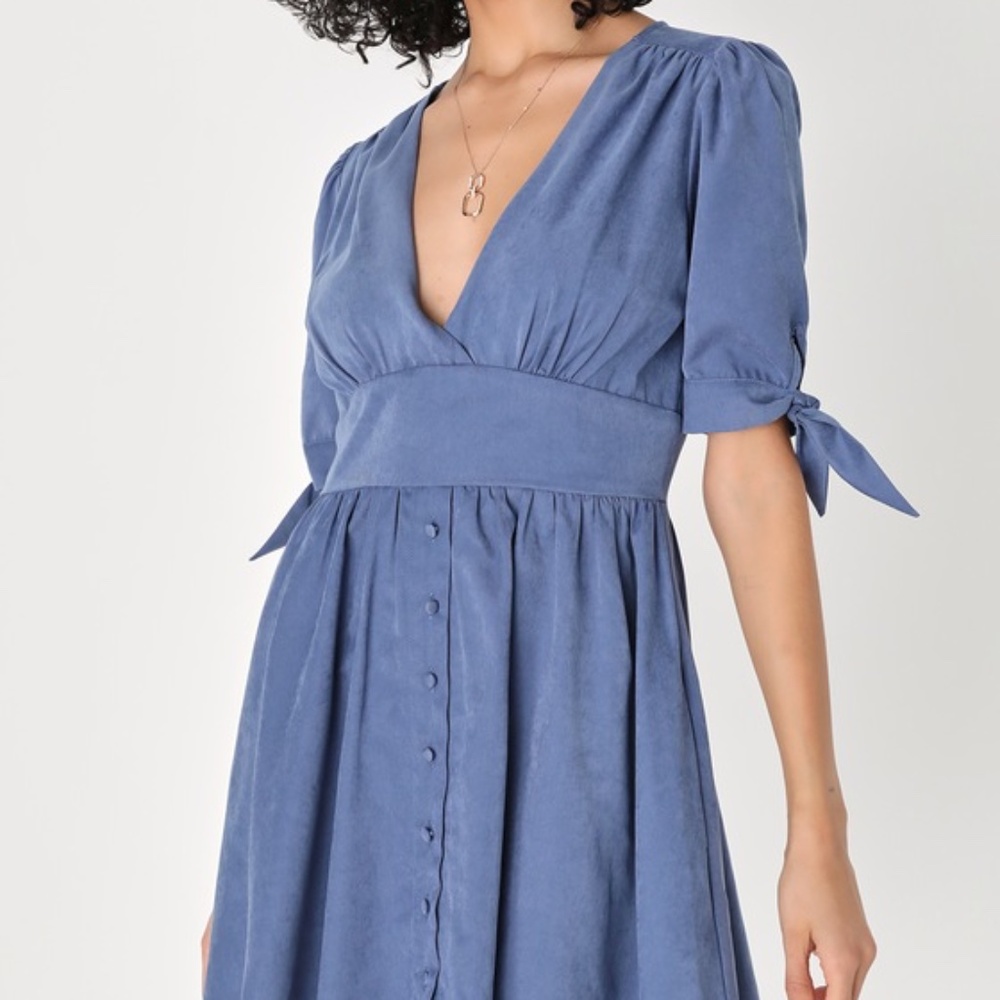 Lulus Absolutely Sweet Blue Button-up Short Sleeve Mini Dress - Size M